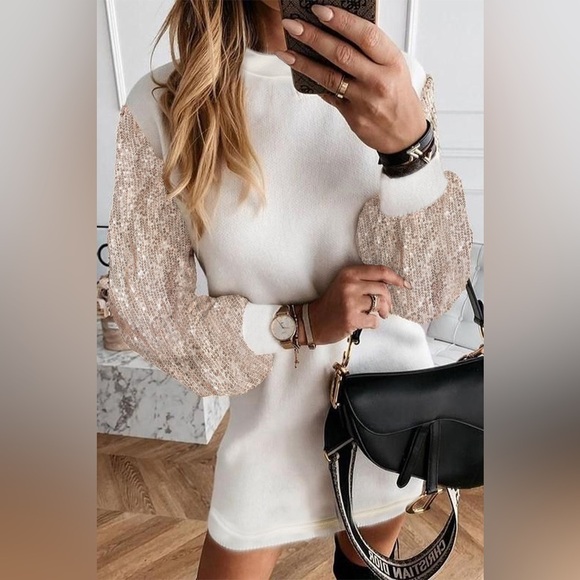 Sequin Long Sleeve Round Neck Mini Dress - Picture 1 of 3